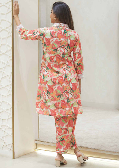 Peach Cotton schiffli Printed Co-Ord Set