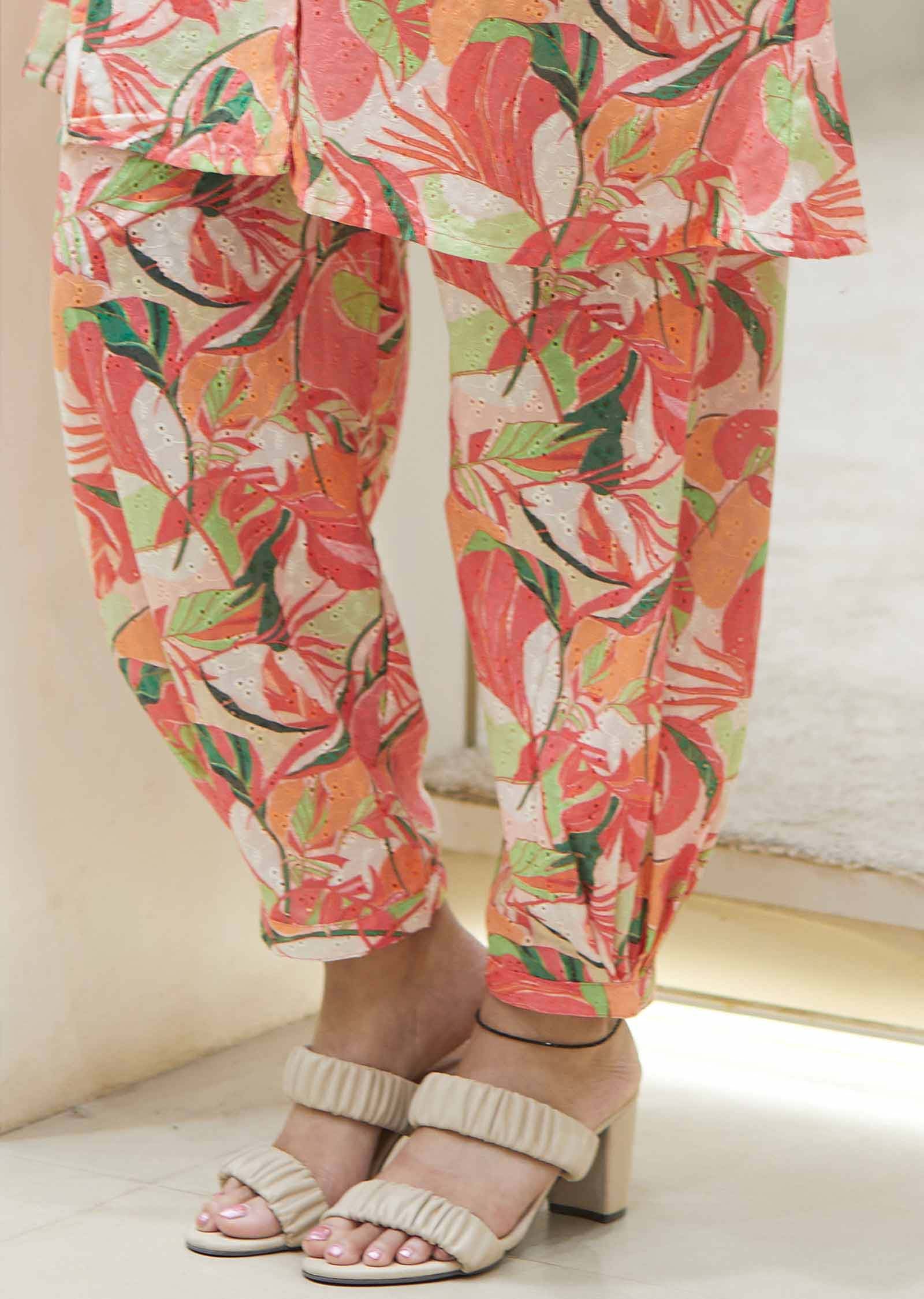 Peach Cotton schiffli Printed Co-Ord Set