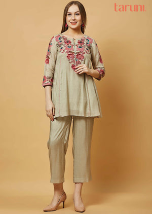 Khaki Muslin Printed Co-Ord Set