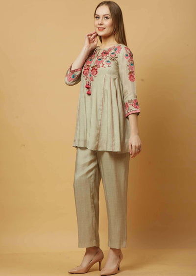 Khaki Muslin Printed Co-Ord Set