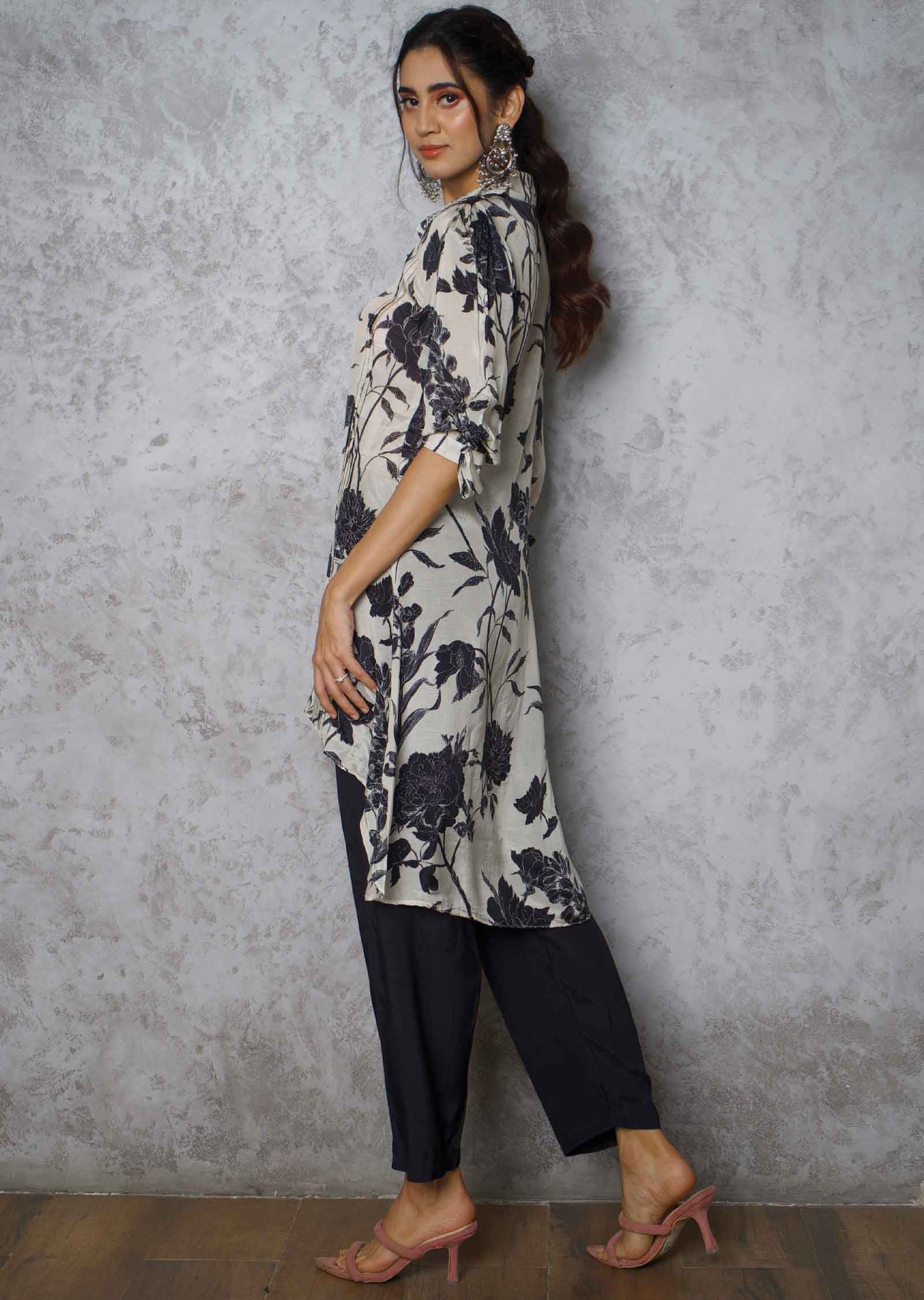 Beige & Black Muslin Printed Co-Ord Set