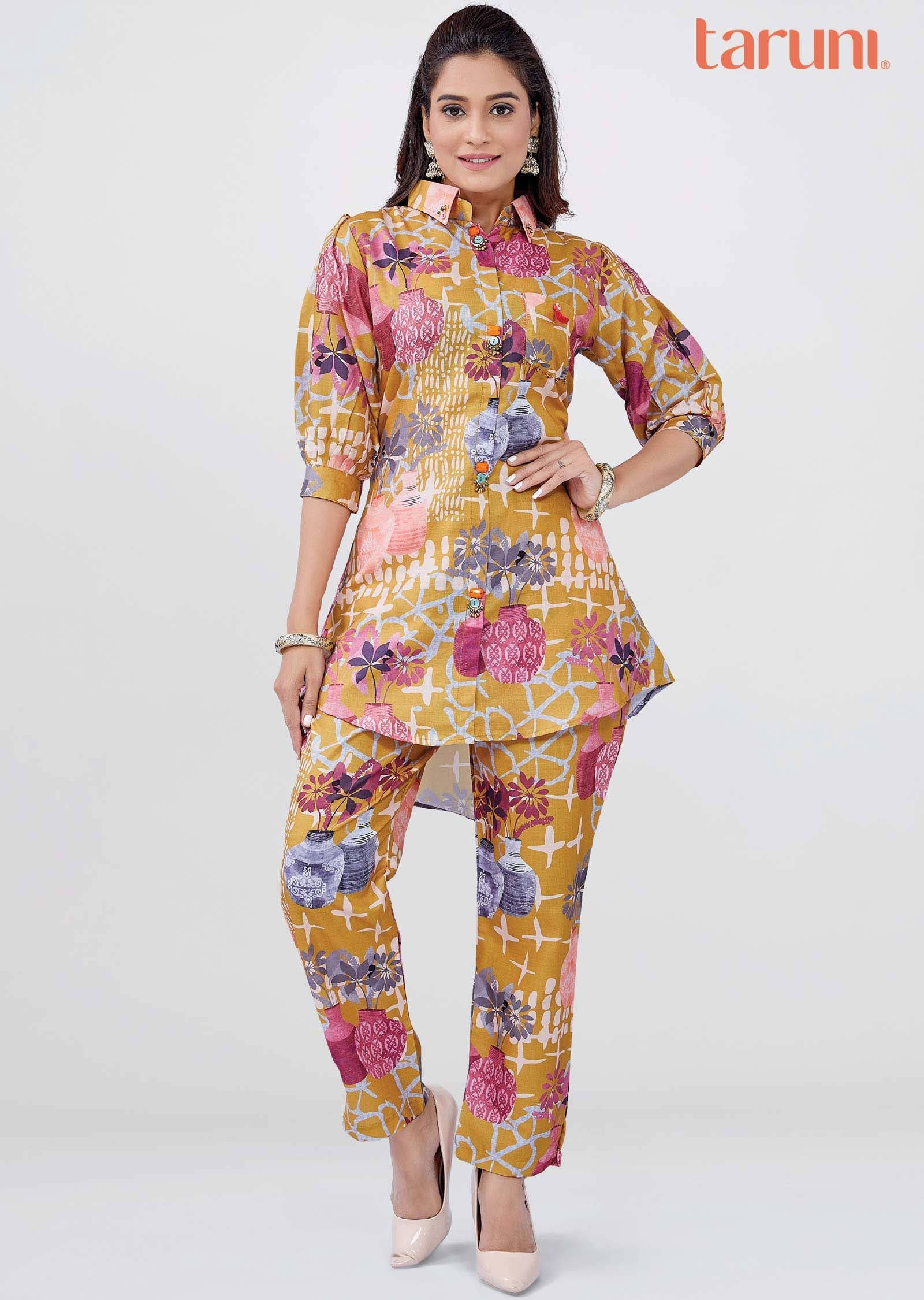 Mustard Linen Cotton Printed Co-Ord Set