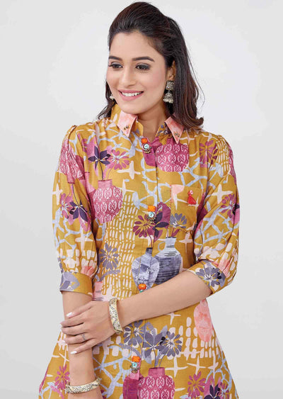 Mustard Linen Cotton Printed Co-Ord Set