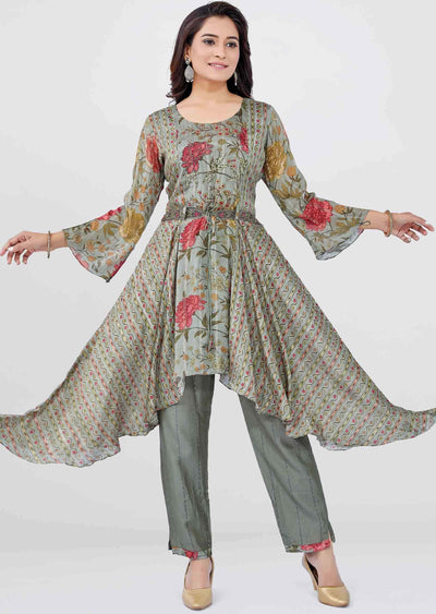 Mehandi Green Chinnon Printed Co-Ord Set