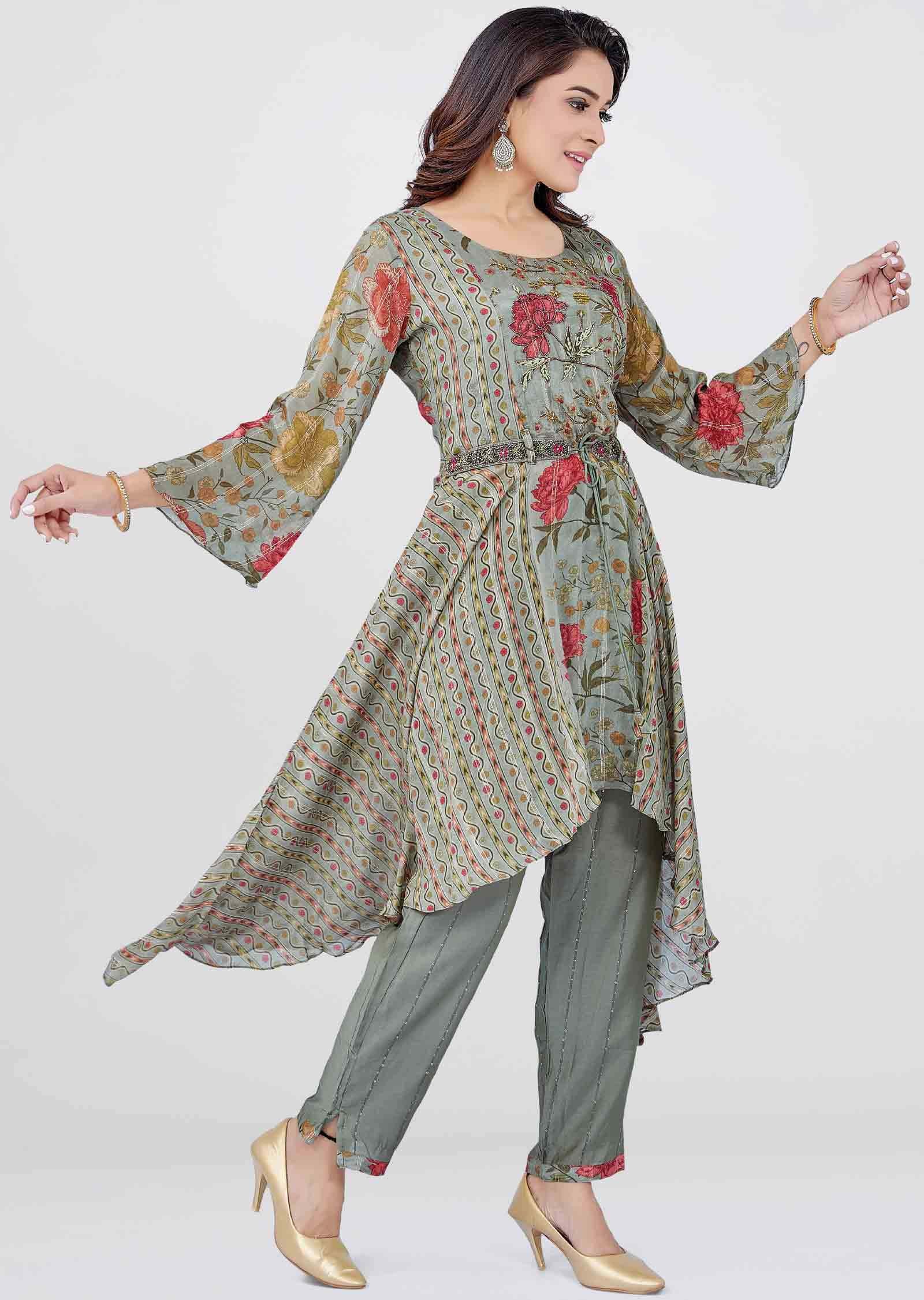 Mehandi Green Chinnon Printed Co-Ord Set