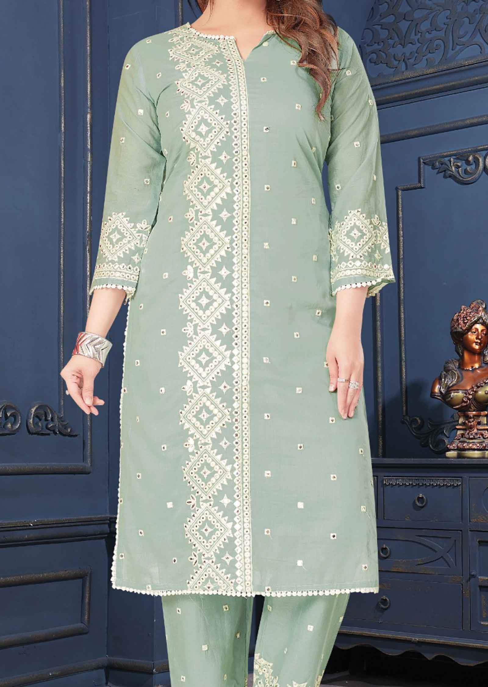 Dusty Green Cotton Mirror work Kurti Sets