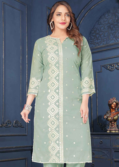 Dusty Green Cotton Mirror work Kurti Sets