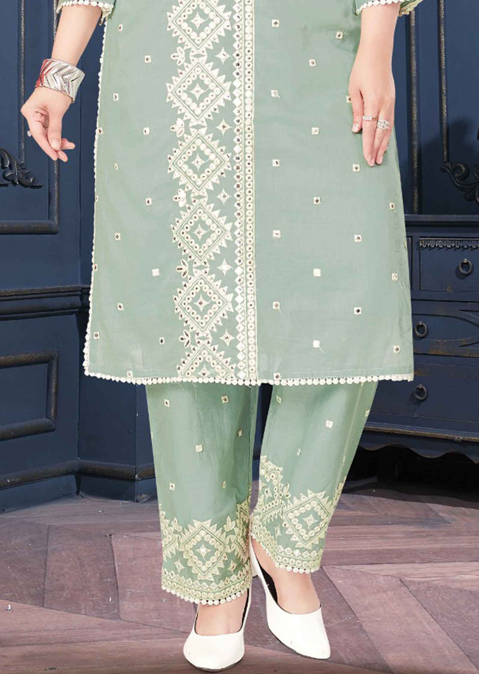 Dusty Green Cotton Mirror work Kurti Sets