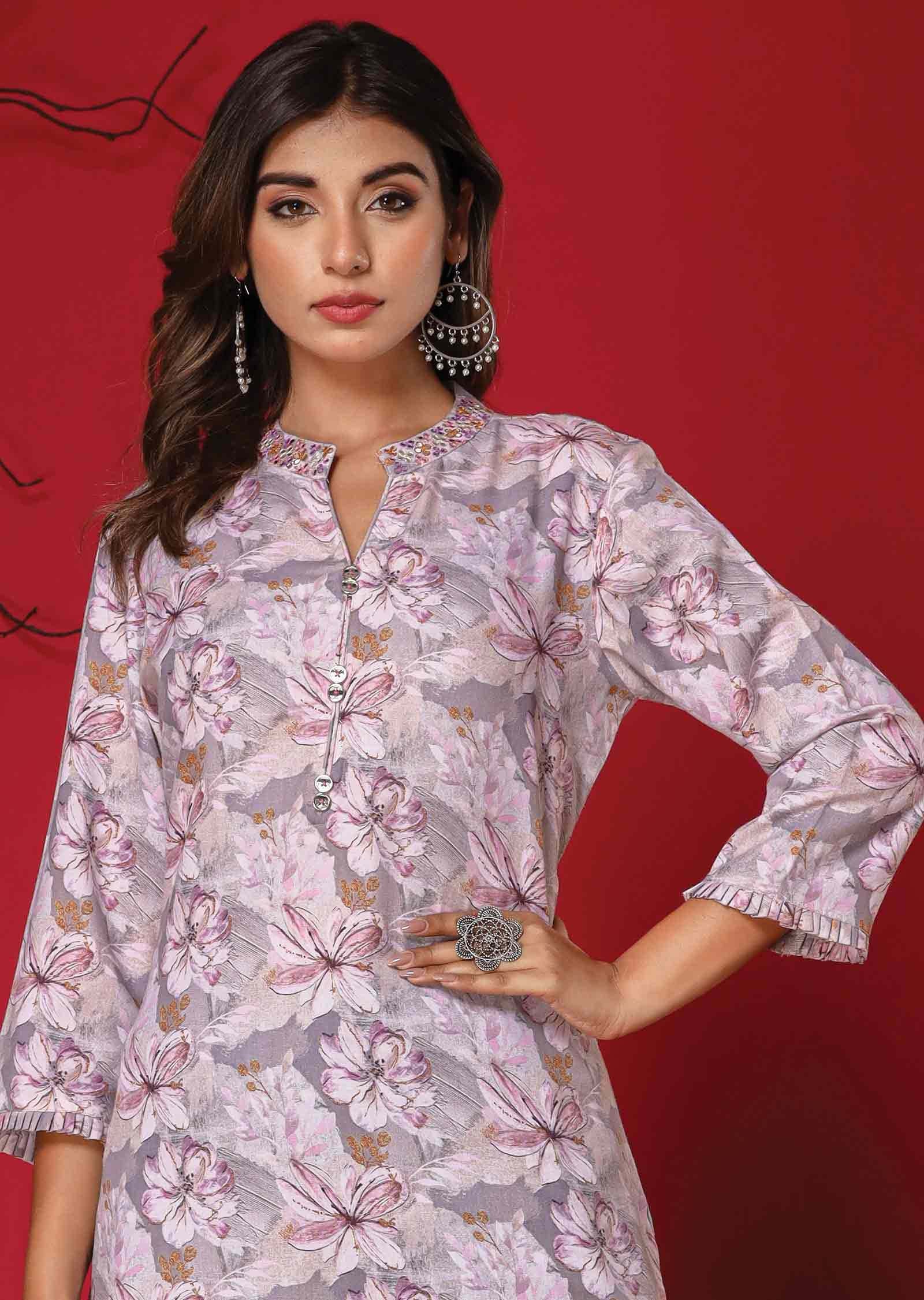 Light Grey Linen Cotton Printed Kurti Sets