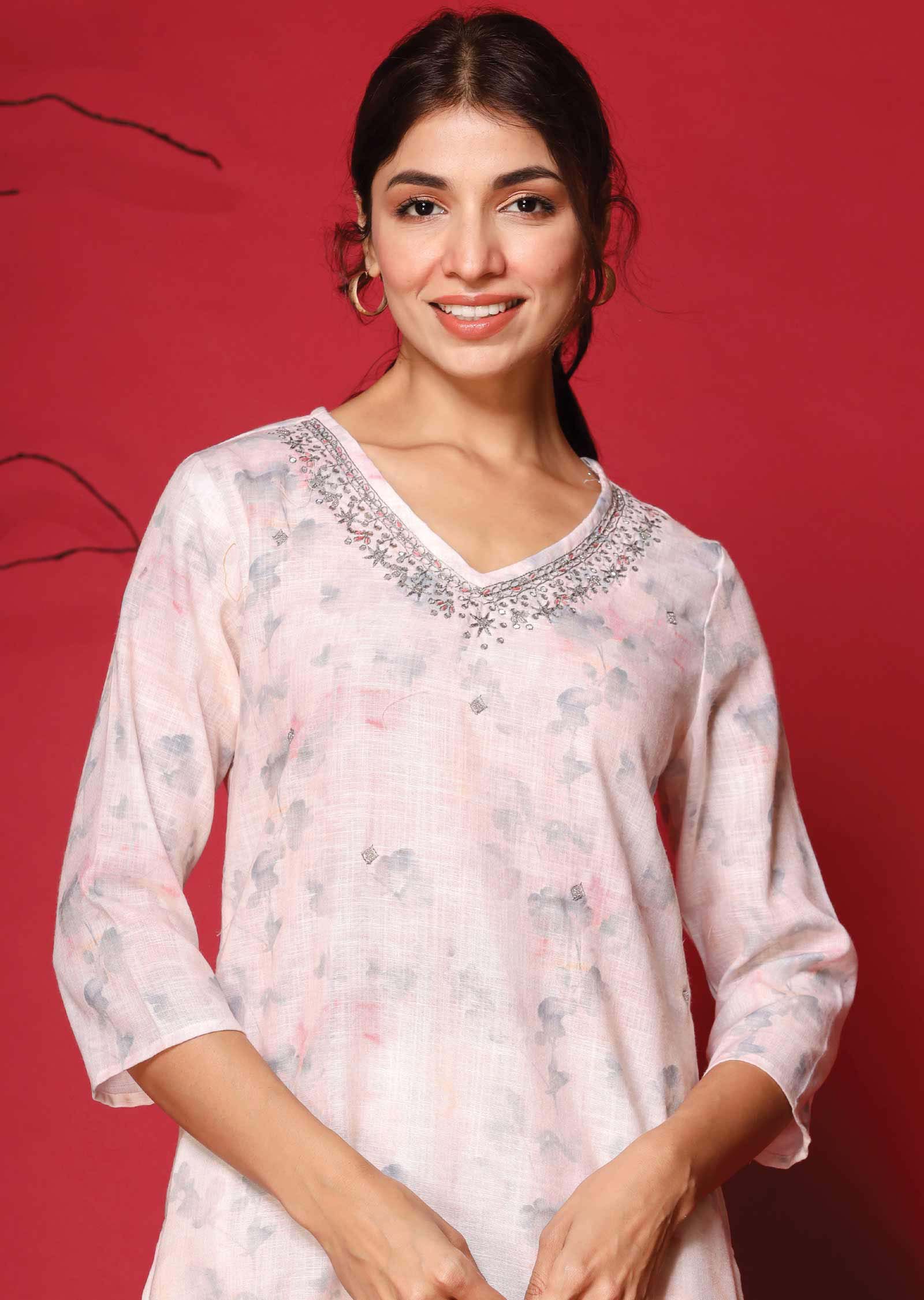 Light Peach Linen Cotton Printed Kurti Sets