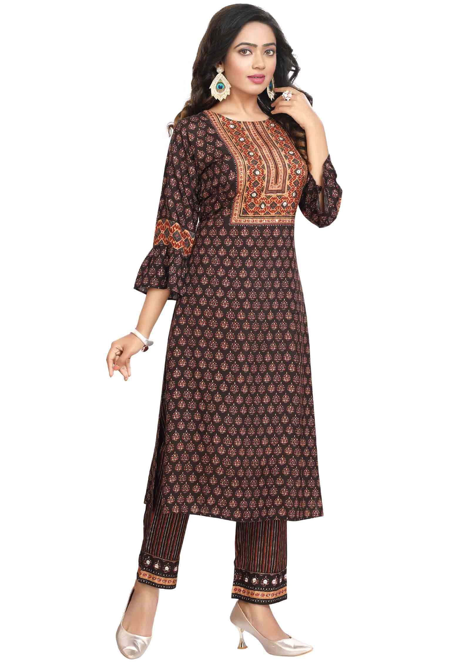 Dark Brown Muslin Sequins Kurti Sets