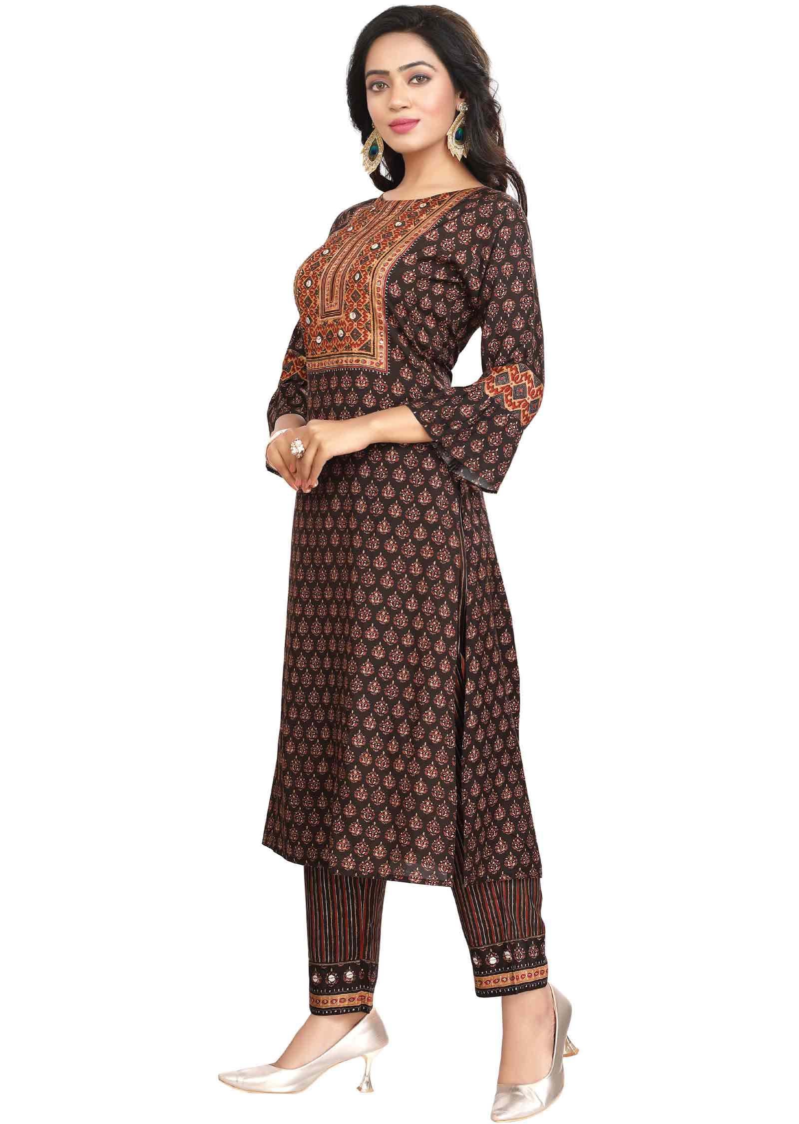 Dark Brown Muslin Sequins Kurti Sets