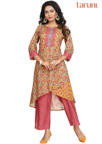 Yellow Muslin Sequins Kurti Sets