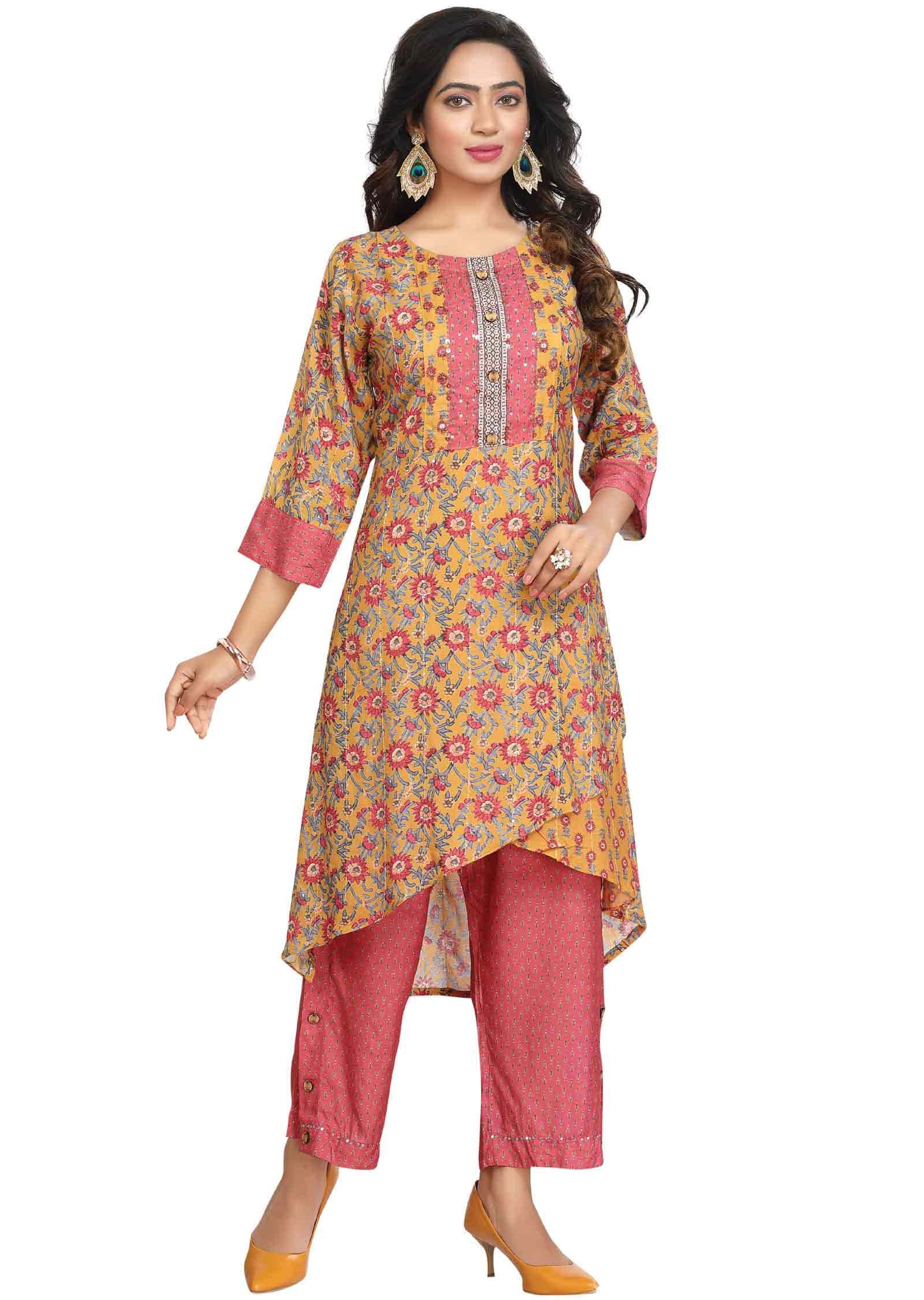 Yellow Muslin Sequins Kurti Sets