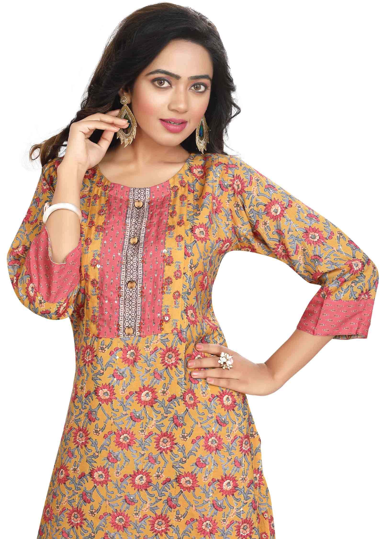 Yellow Muslin Sequins Kurti Sets