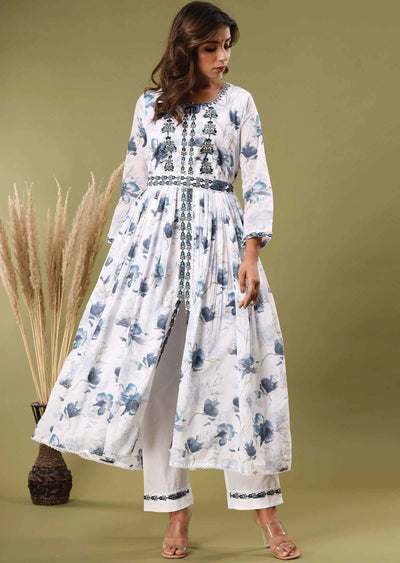 White Cotton Sequins Kurti Sets