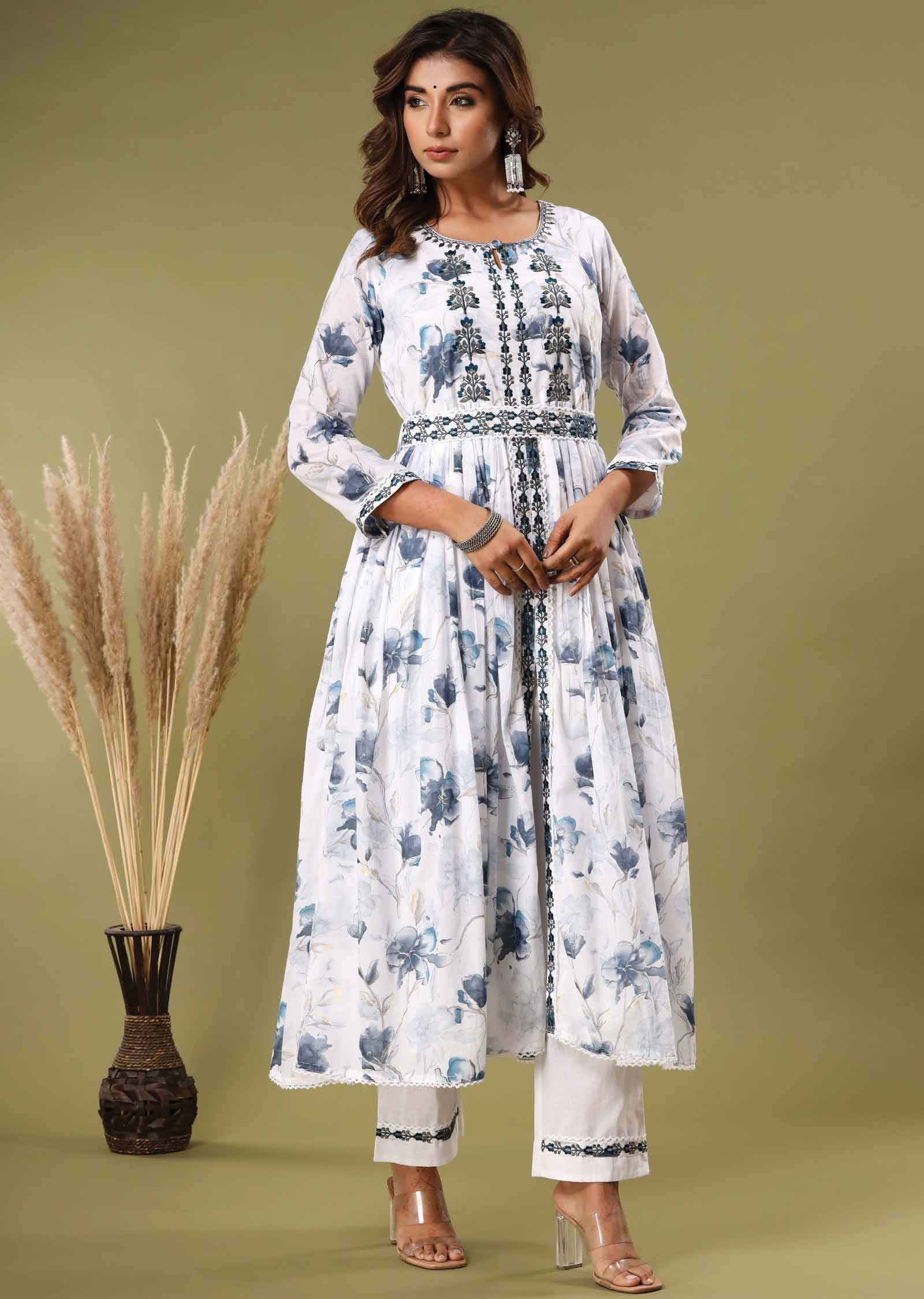 White Cotton Sequins Kurti Sets