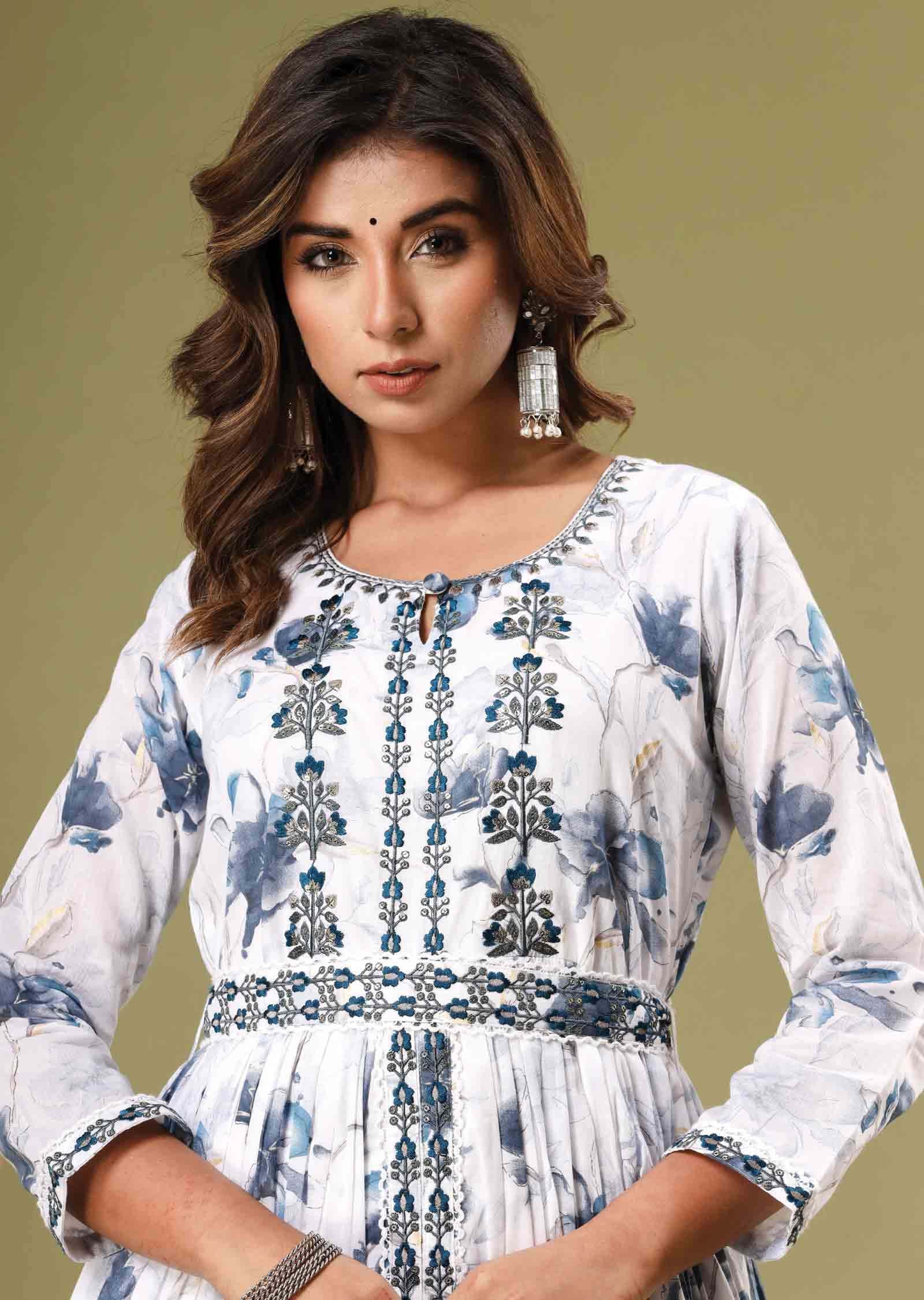 White Cotton Sequins Kurti Sets