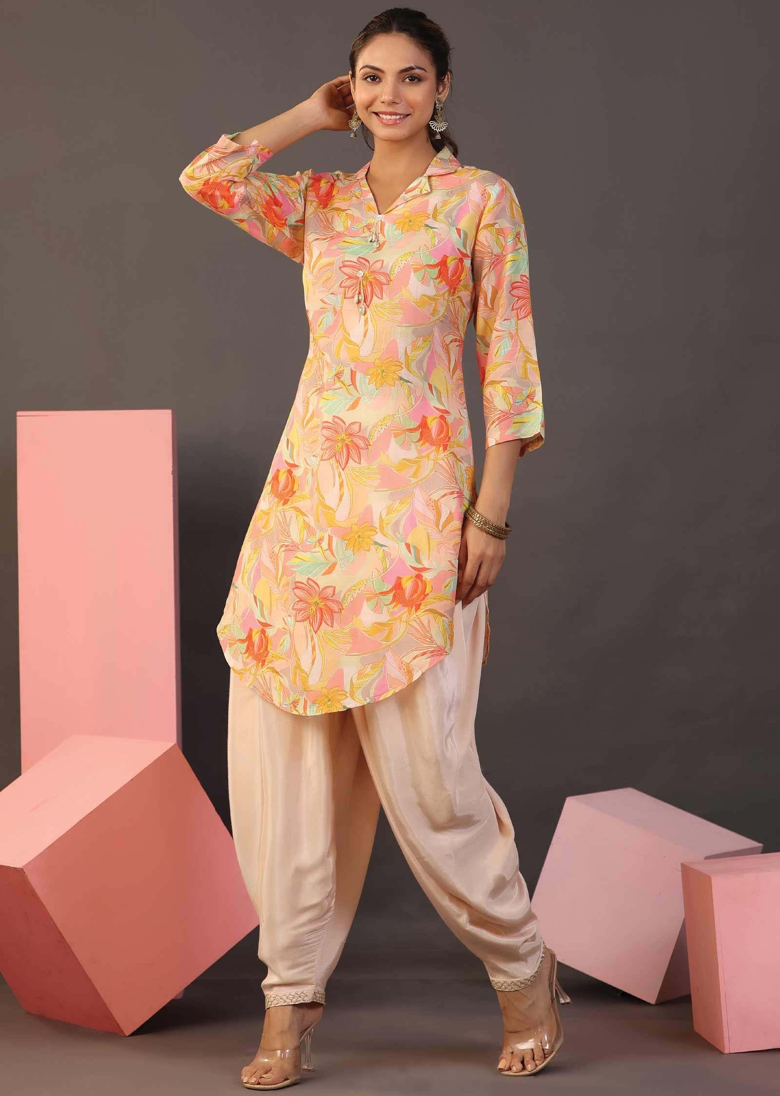 Light peach Muslin Printed Kurti Sets