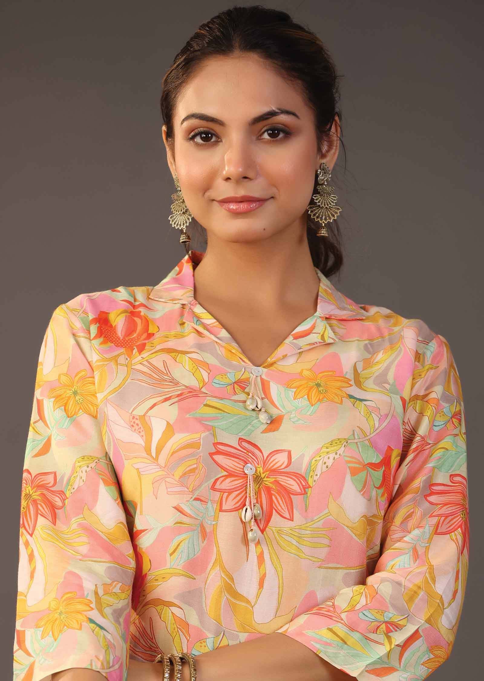 Light peach Muslin Printed Kurti Sets