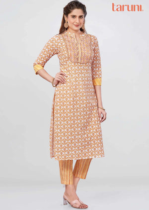 Off White/Orange Cotton Printed Kurti Sets