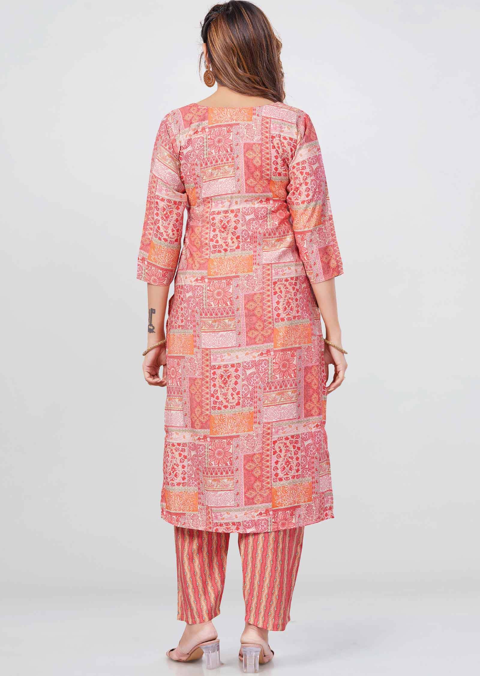 orange /Pink Muslin Printed Kurti Sets