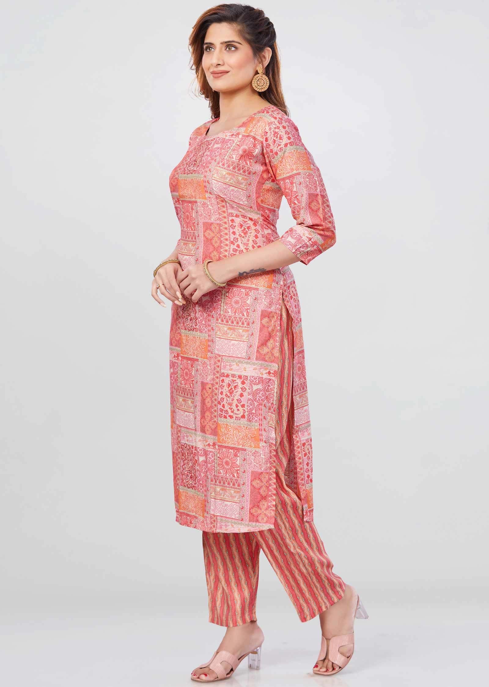 orange /Pink Muslin Printed Kurti Sets