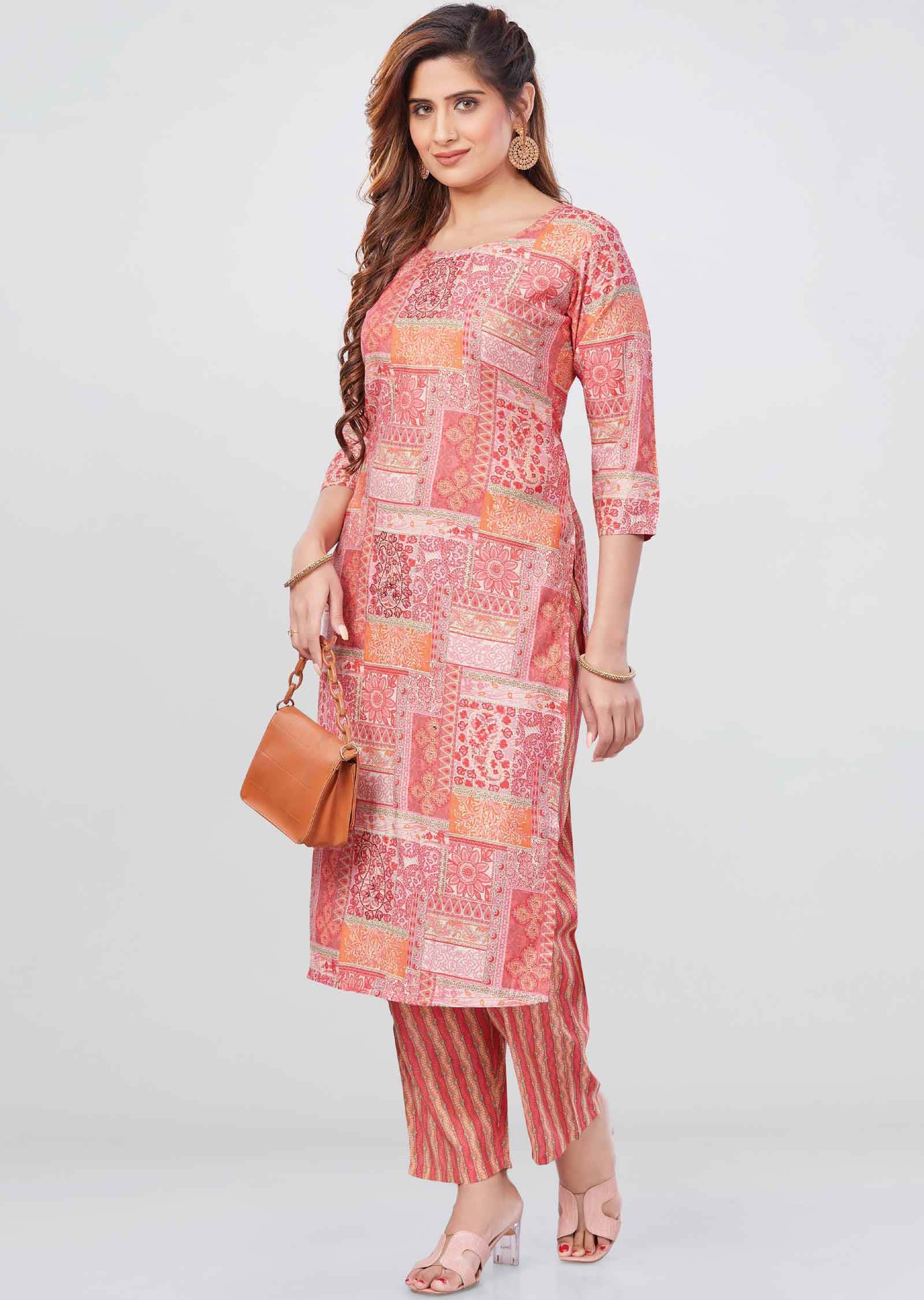 orange /Pink Muslin Printed Kurti Sets