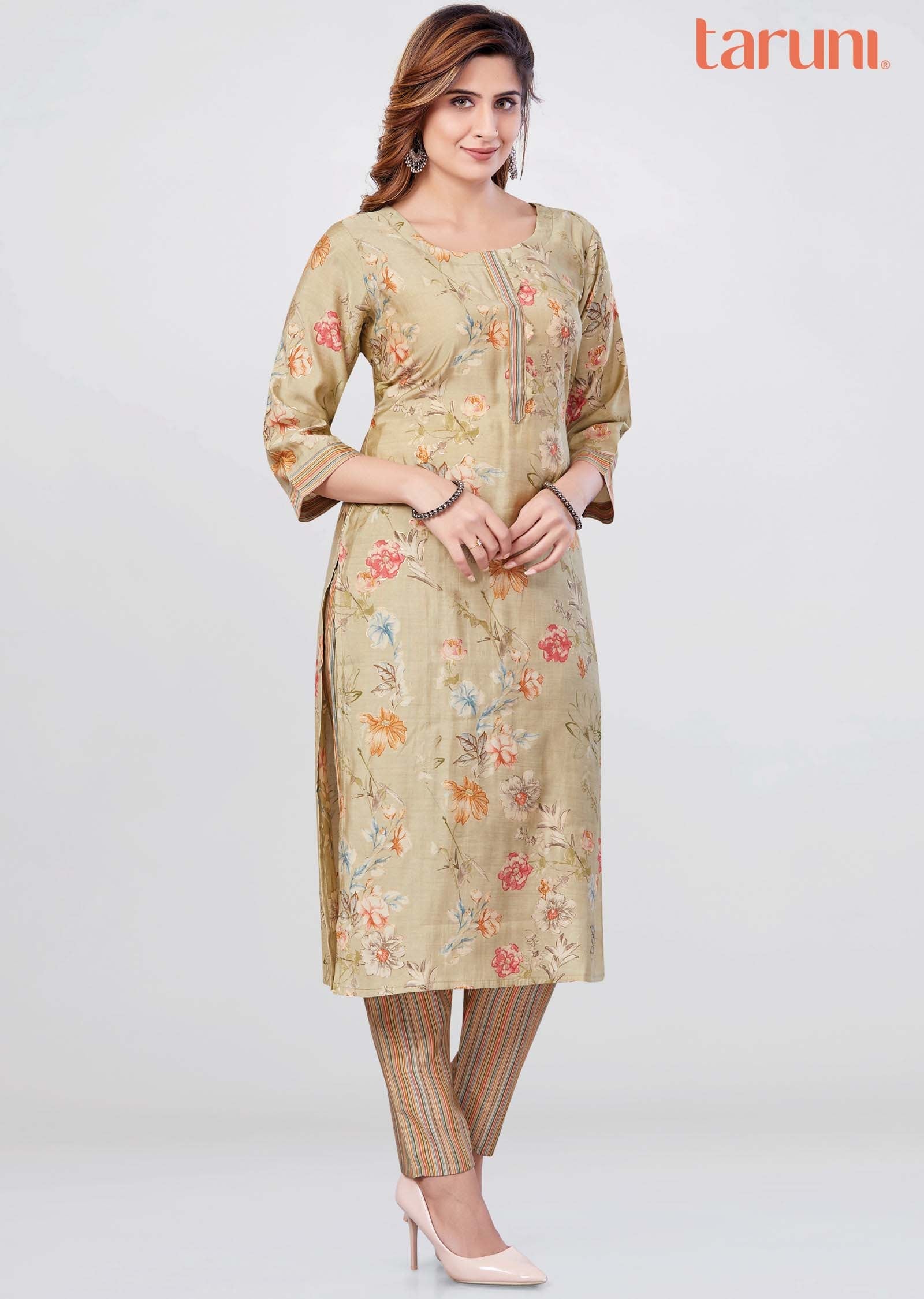 Light khaki Modal Printed Kurti Sets