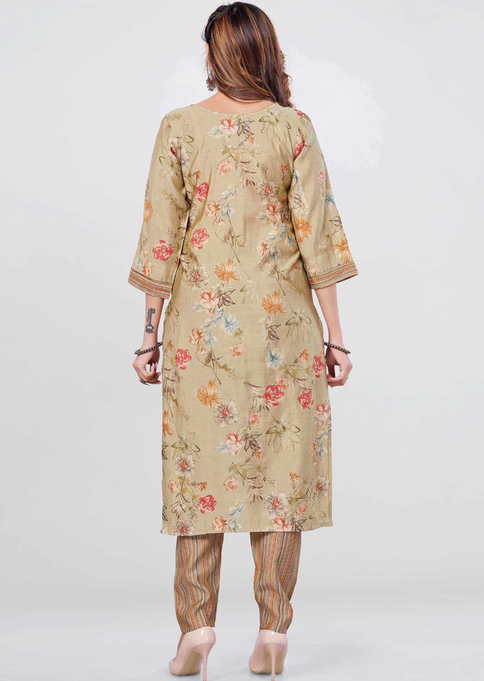 Light khaki Modal Printed Kurti Sets