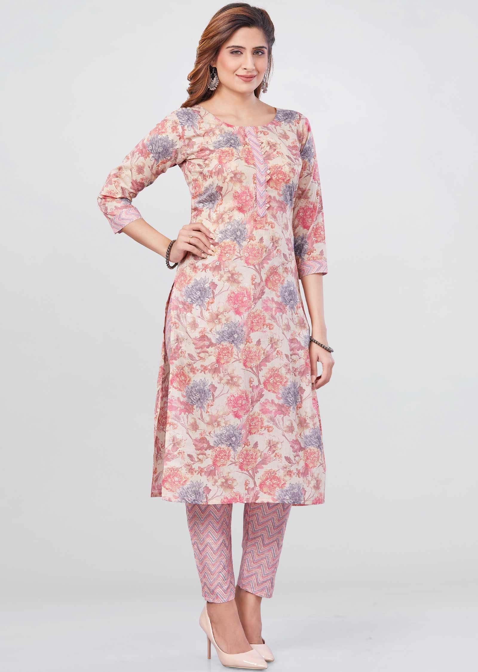 Beige Cotton Printed Kurti Sets