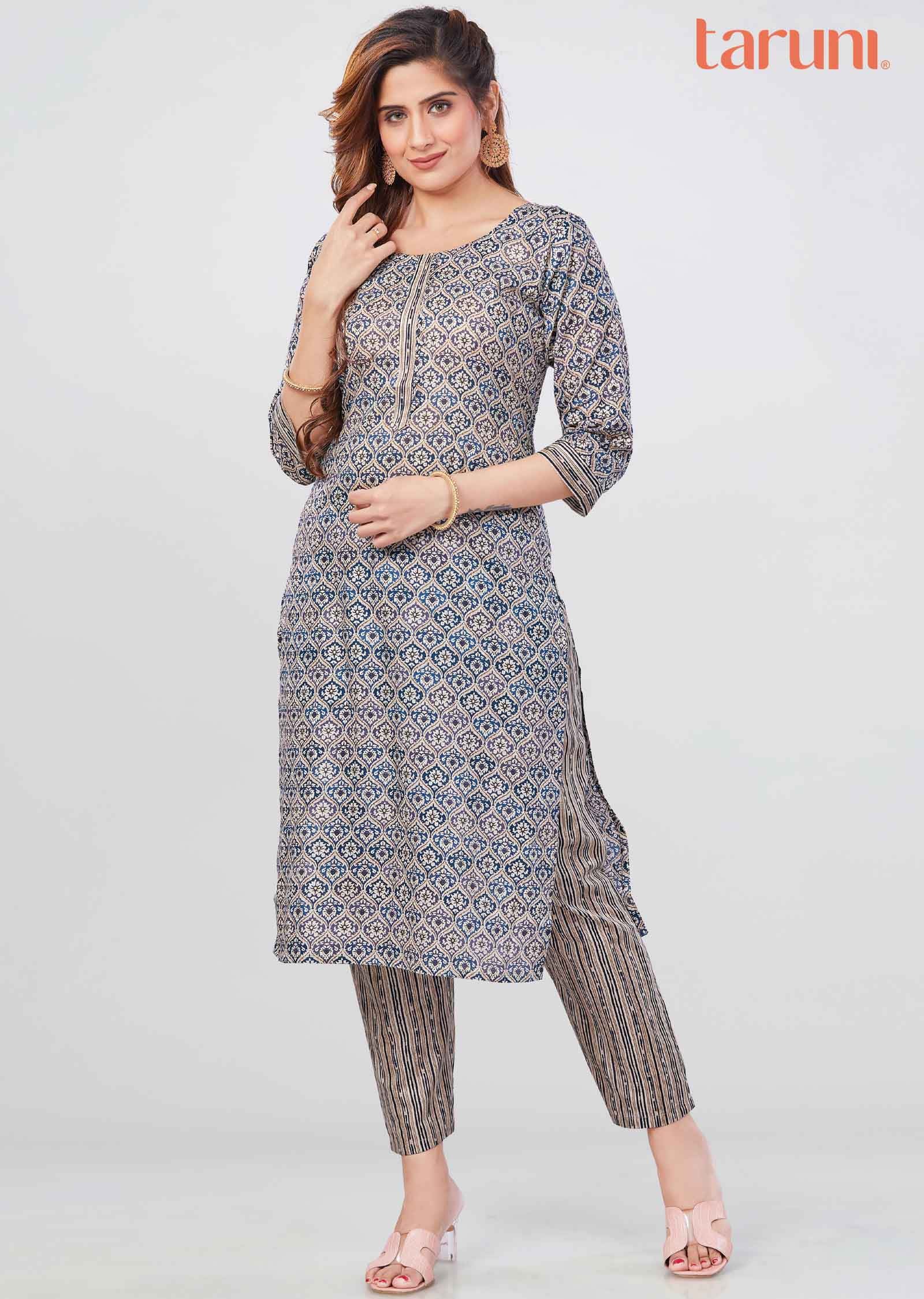 Teal Blue Cotton Printed Kurti Sets