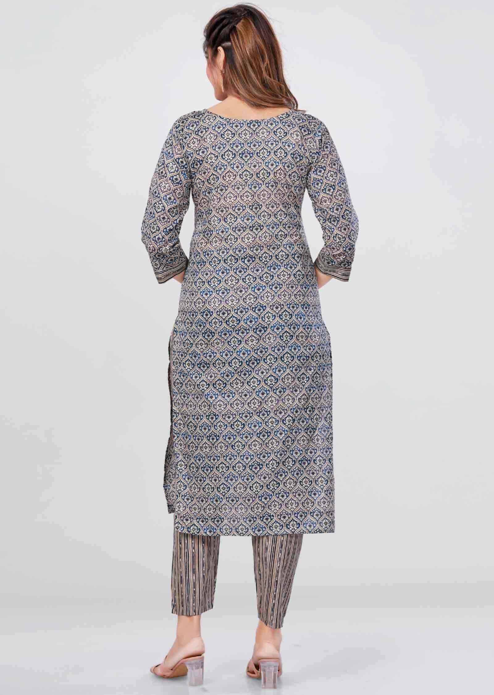 Teal Blue Cotton Printed Kurti Sets