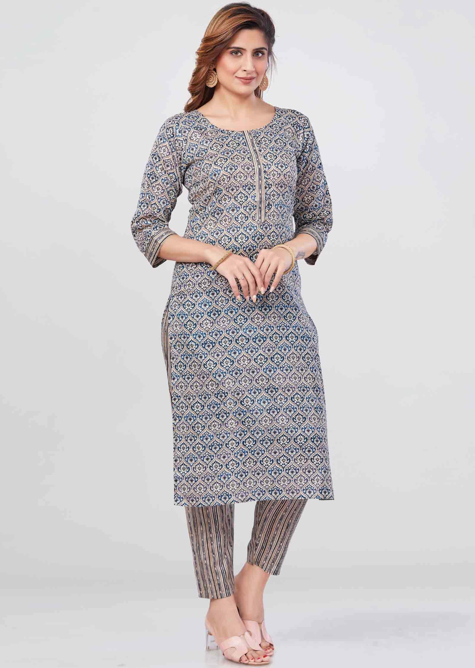 Teal Blue Cotton Printed Kurti Sets