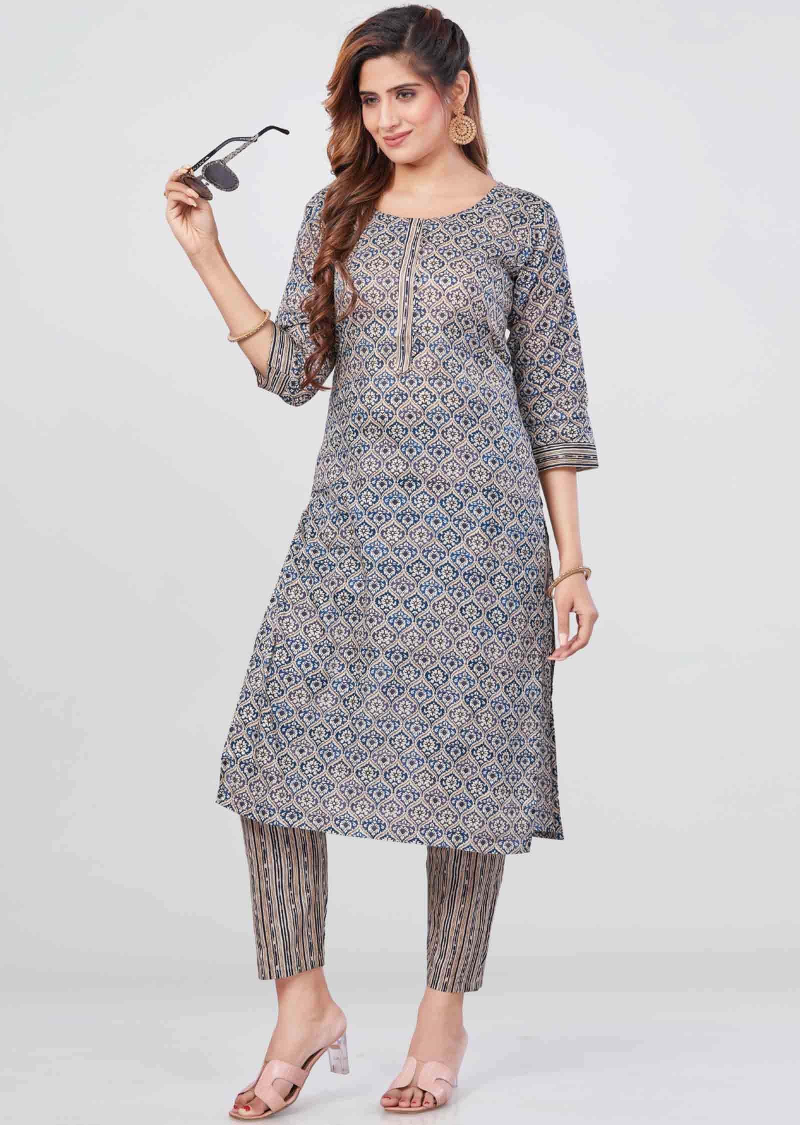 Teal Blue Cotton Printed Kurti Sets