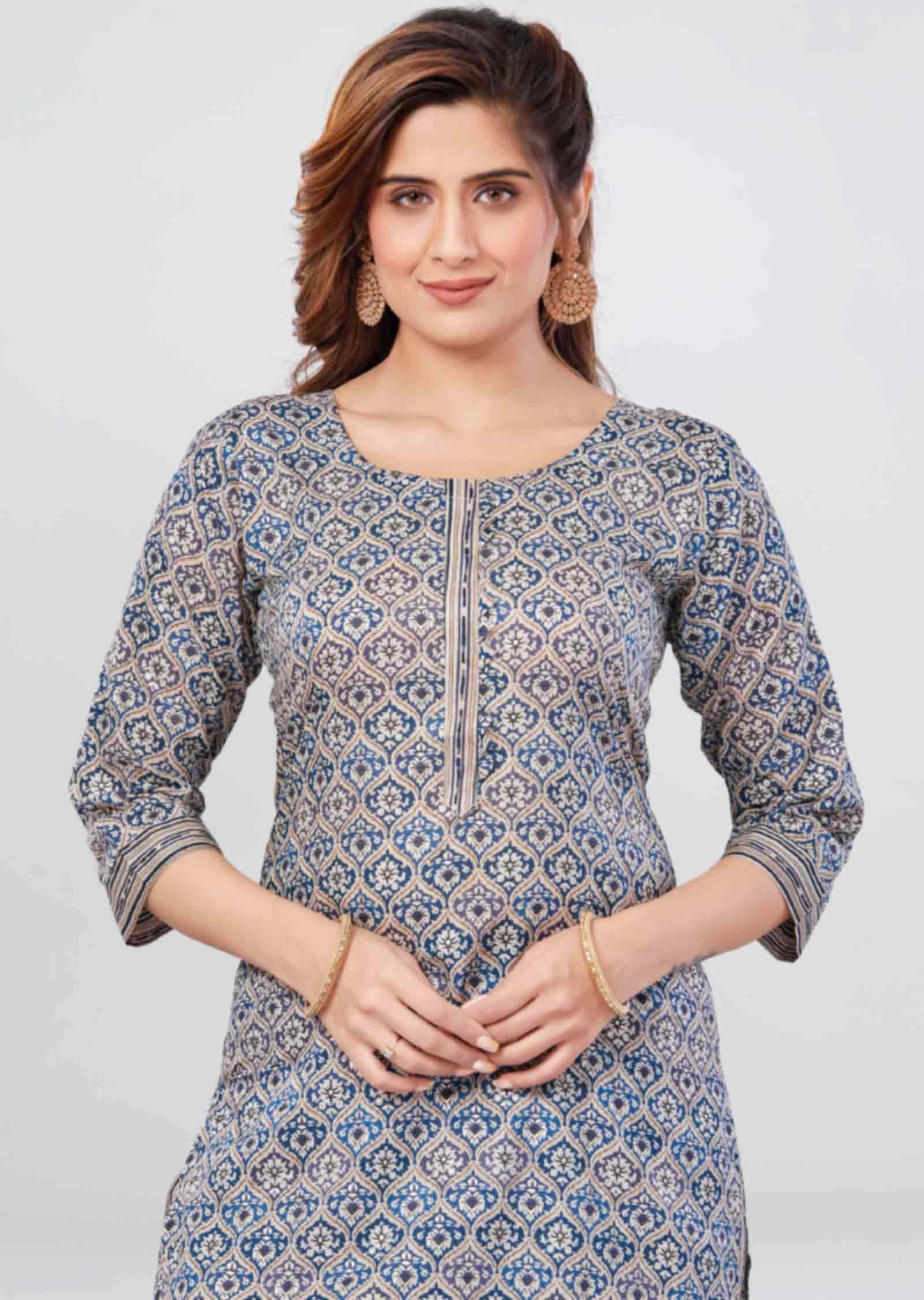 Teal Blue Cotton Printed Kurti Sets