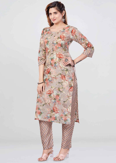 Fawn Cotton Printed Kurti Sets