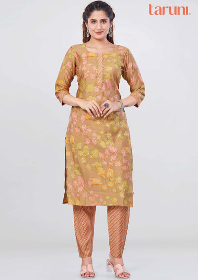 Khaki Muslin Printed Kurti Sets