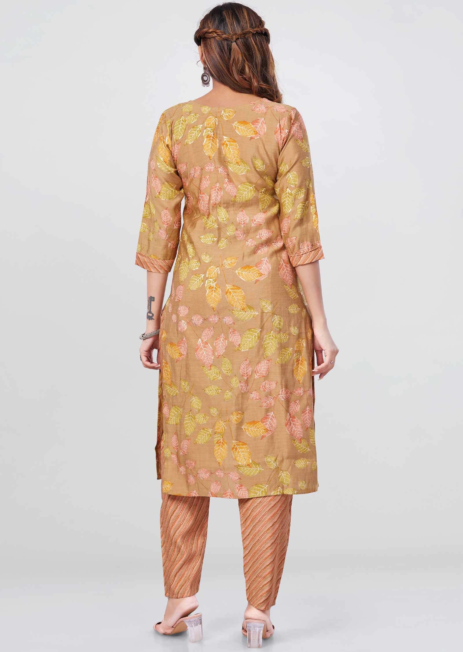 Khaki Muslin Printed Kurti Sets