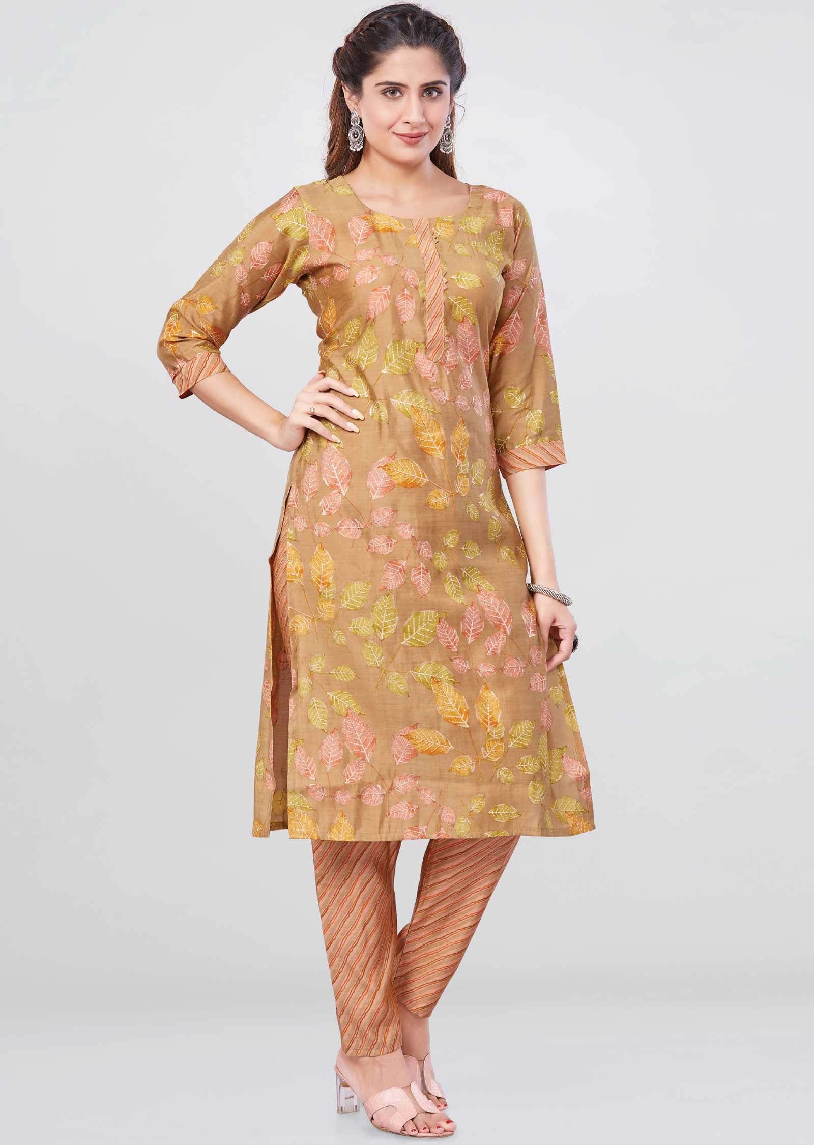 Khaki Muslin Printed Kurti Sets