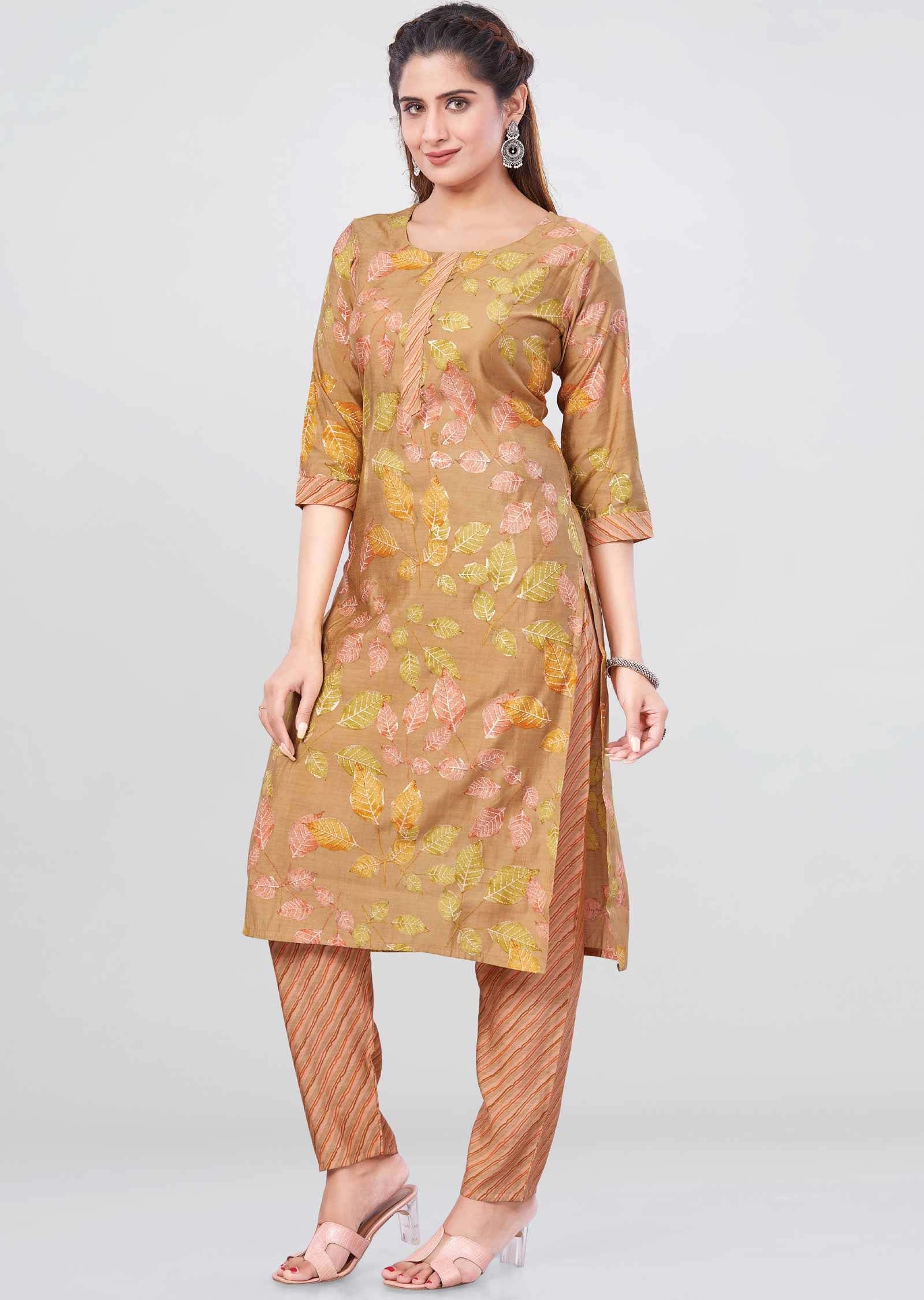 Khaki Muslin Printed Kurti Sets