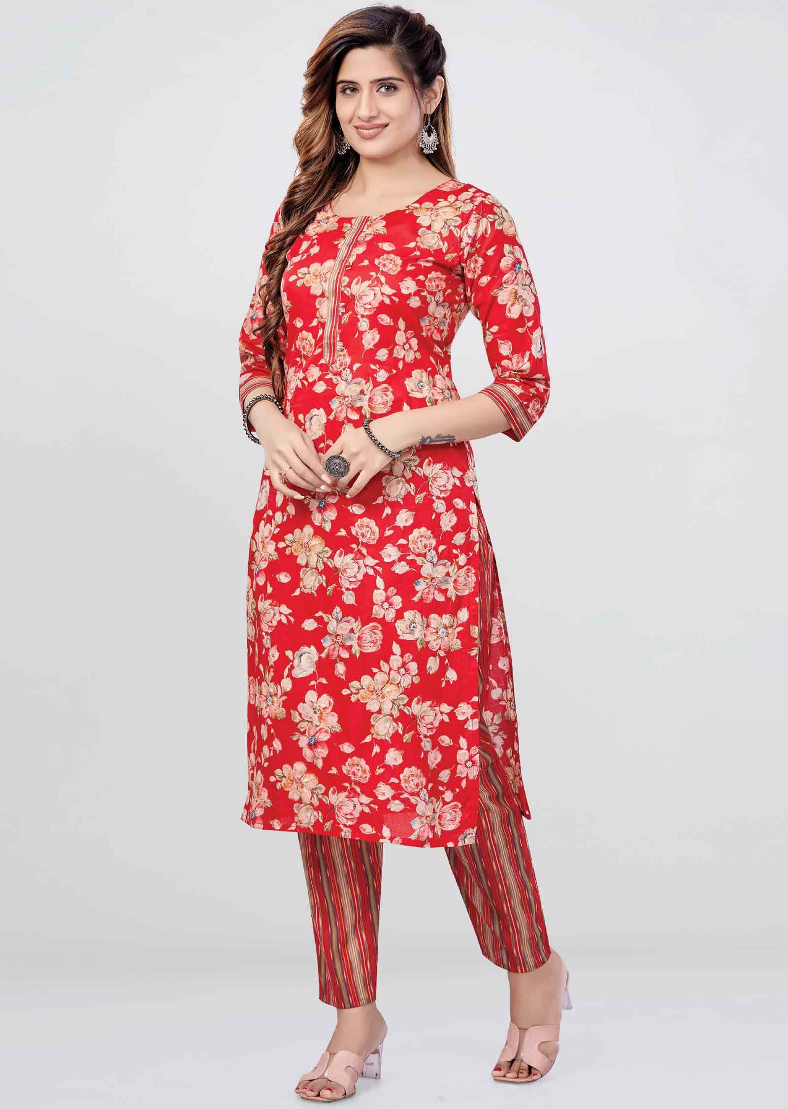 Red Cotton Floral Printed Kurti Sets