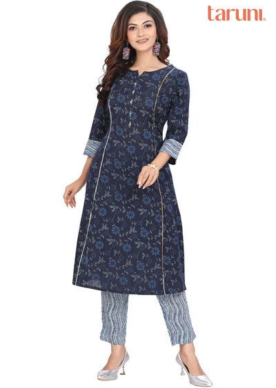 Navy blue Cotton Printed Kurti Sets