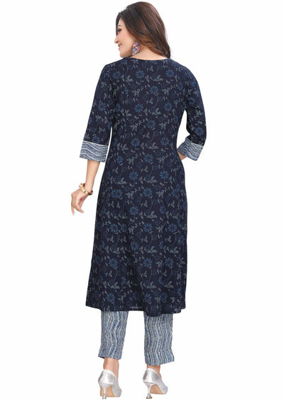 Navy blue Cotton Printed Kurti Sets