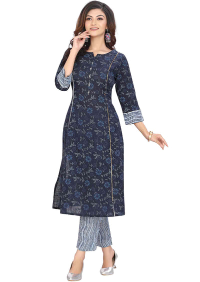 Navy blue Cotton Printed Kurti Sets