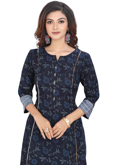 Navy blue Cotton Printed Kurti Sets