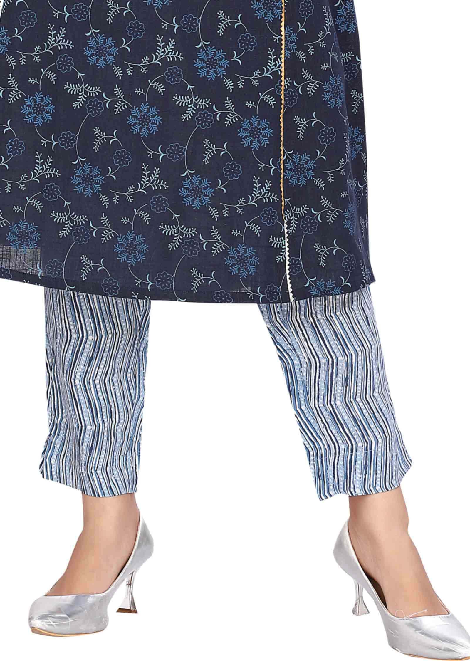 Navy blue Cotton Printed Kurti Sets