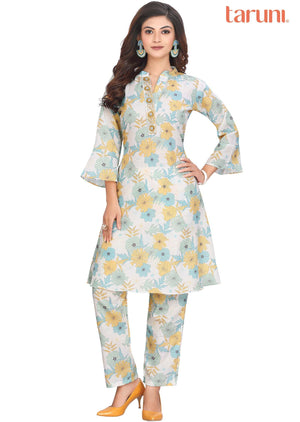 Light pista & yellow Cotton Zardosi & Embroidered Kurti Sets