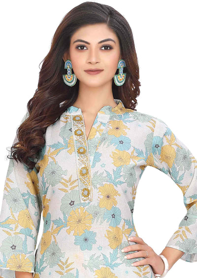 Light pista & yellow Cotton Zardosi & Embroidered Kurti Sets