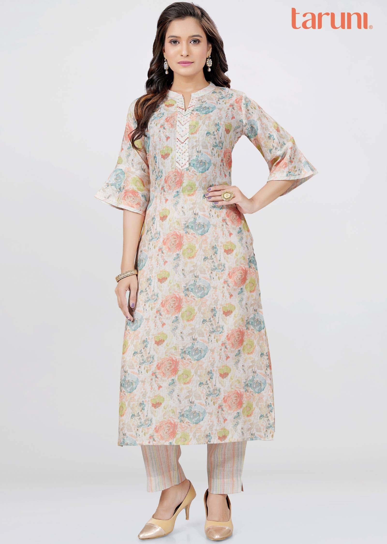 Light Peach Linen Sequins Kurti Sets